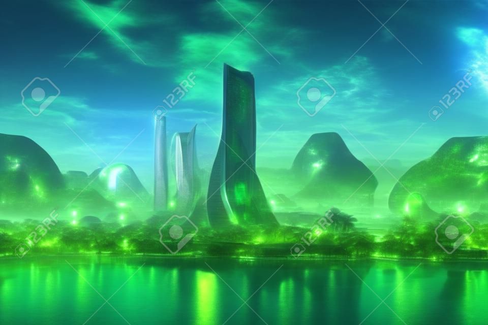 Umweltfreundliche Science-Fiction-Skyline an der Küste der tropischen Meereslagune cg-Grafik. grüne utopienpflanzen bedeckten gebäude mit futuristischem metropolenhintergrund. ai neuronales Netzwerk generierte Konzeptkunst