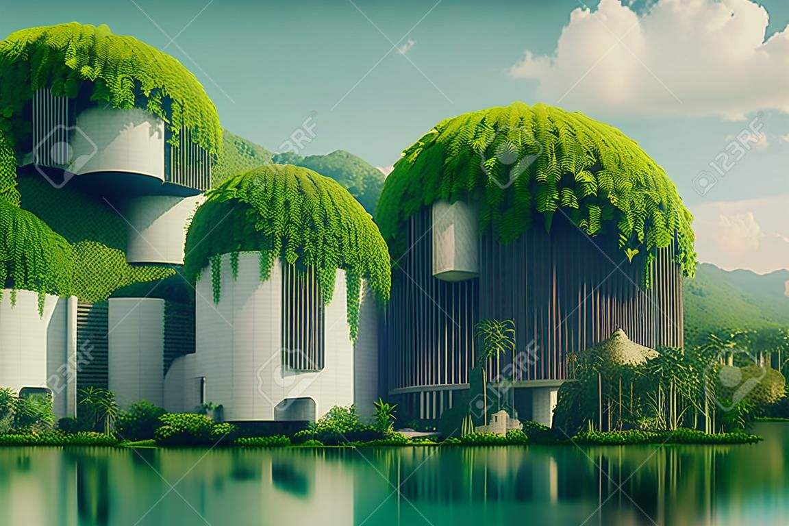 Conceptuele Plant Overdekte Moderne Architectuur Visualisatie 3D Kunst Illustratie. Milieu Vriendelijke gebouwen op de Tropische Rivier Bank achtergrond. AI Neural Network Generated Art Wallpaper