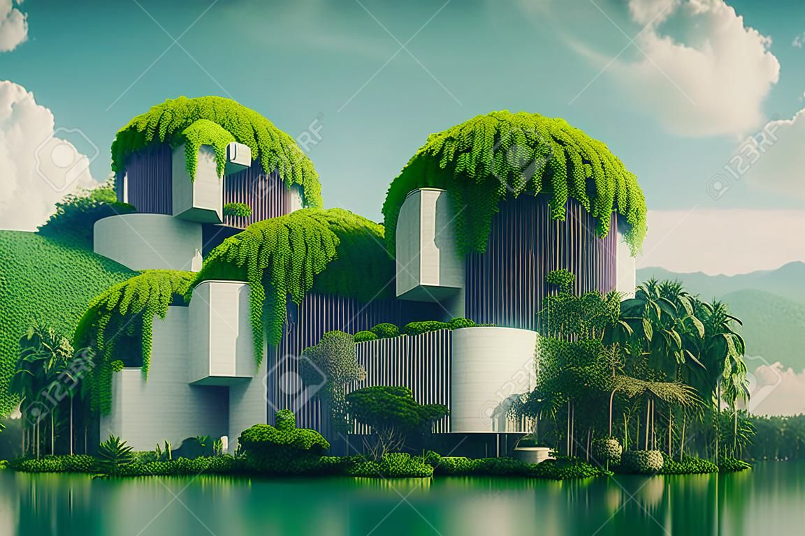 Conceptuele Plant Overdekte Moderne Architectuur Visualisatie 3D Kunst Illustratie. Milieu Vriendelijke gebouwen op de Tropische Rivier Bank achtergrond. AI Neural Network Generated Art Wallpaper