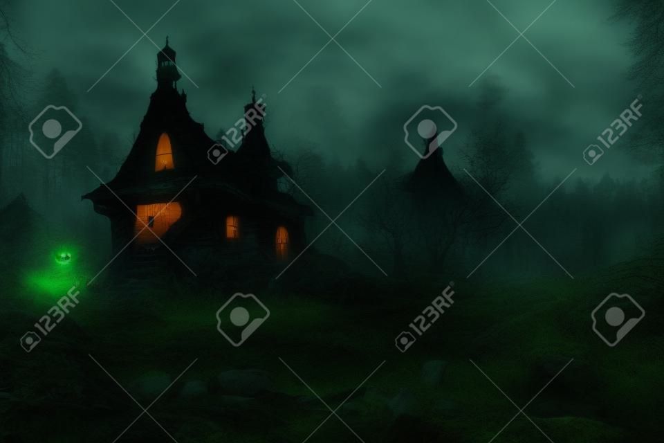 Spooky Witch House in the Middle of the Forest 3D Art Illustration. Mystical Creepy Hut of Ghost Land Village Halloween Horror Movie Scene Fantasy Background. AI Neural Network Generated Art Wallpaper