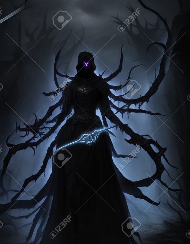 Mistyczny demoniczny wojownik z cierniowymi mackami w czarnym płaszczu kaptur ilustracja koncepcja 3d. pionowy portret nadprzyrodzonego upiornego potwora zabójcy. makabryczna grafika postaci z ciemnego filmu fantasy