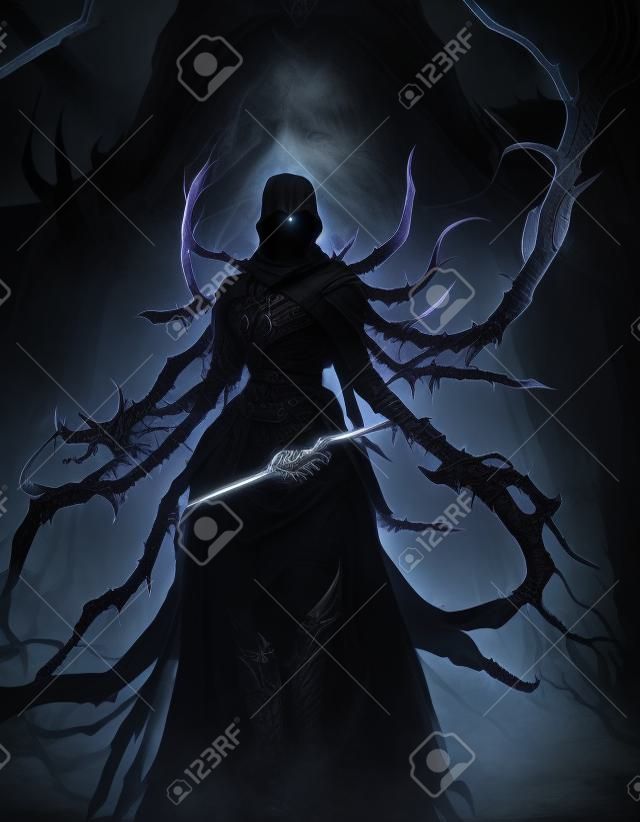 Mistyczny demoniczny wojownik z cierniowymi mackami w czarnym płaszczu kaptur ilustracja koncepcja 3d. pionowy portret nadprzyrodzonego upiornego potwora zabójcy. makabryczna grafika postaci z ciemnego filmu fantasy