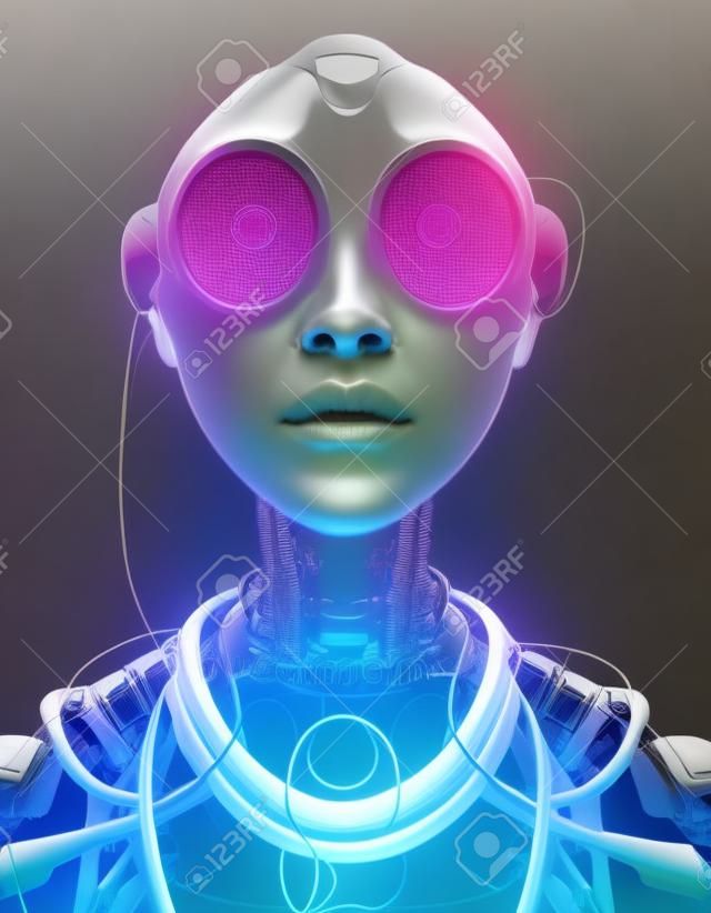 Sci-fi futurystyczny żeński cyborg twarz mechanizm 3d ilustracja konceptualna. pionowy przedni portret bionicznej kobiety-robota postaci science fiction. ai cyfrowa grafika generowana przez sieć neuronową