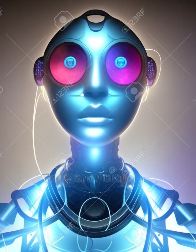 Sci-Fi Futuristic Vrouwelijke Cyborg Gezichtsmechanisme 3D Conceptuele Kunst Illustratie. Verticale Voorkant Portret van Bionic Woman Robot Science Fiction Karakter. AI Digital Neural Network Generated Artwork