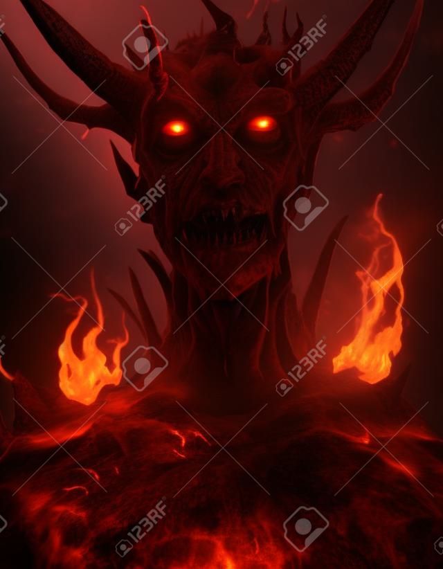 Spooky Hellish Burning Demon with Horns 3D Render Art Conceptual Illustration. Vertical Portrait of Terrible Devil in Flame Horror Movie Character. Paranormal Ominous Satan Monster from Hell Art Work