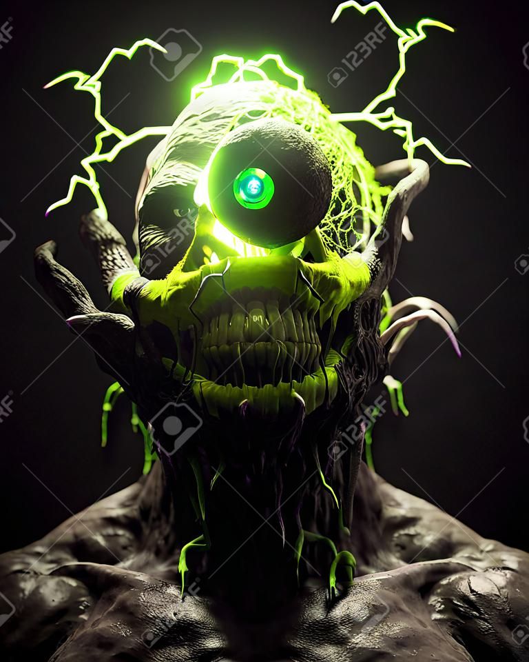 Terrible Process of Mutation into a Toxic Monster 3D Art Conceptual Illustration. Vertical Portrait of Poisonous Rotten Demon 80s Horror Movie Character. Ominous Spooky Eerie Demonic Creature Artwork