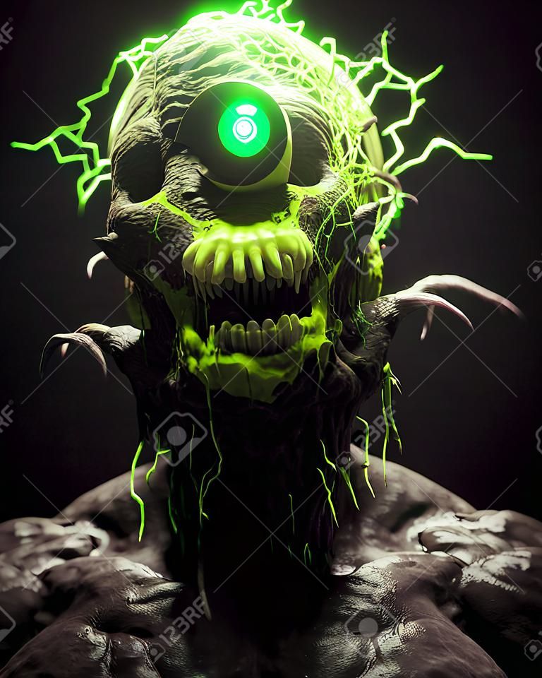 Terrible Process of Mutation into a Toxic Monster 3D Art Conceptual Illustration. Vertical Portrait of Poisonous Rotten Demon 80s Horror Movie Character. Ominous Spooky Eerie Demonic Creature Artwork