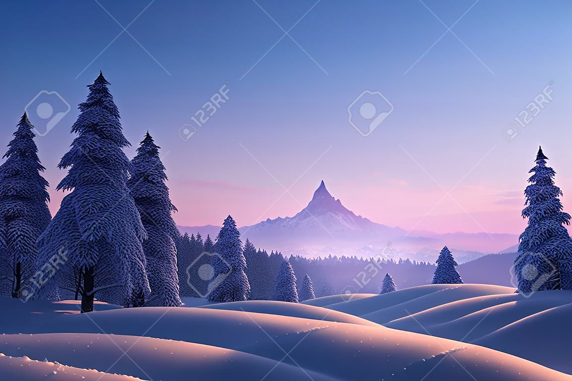 Widok na ośnieżony szczyt górski z pokrytego śniegiem lasu wieczorem grafika 3d spektakularne tło przyrody. zachód słońca zimowy krajobraz polarny oszałamiająca fototapeta z scenerią. ilustracja sztuki zimowej