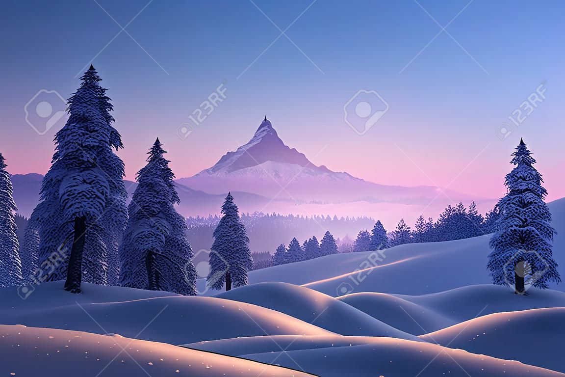 View on Snowy Mountain Peak from Snow Covered Forest in Evening 3D Artwork Spectacular Nature Background. Sundown Winter Polar Landscape Stunning Photo Scenery Wallpaper. Wintertime Art Illustration
