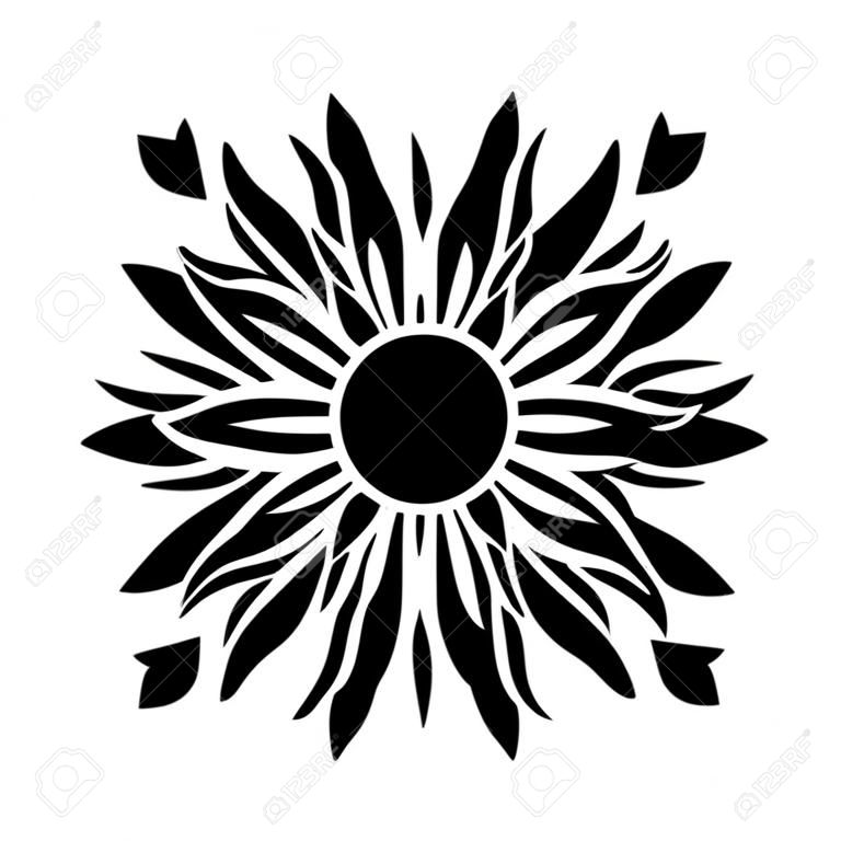 ひまわりのシンプルなアイコン。花のシルエットのベクトル図です。ひまわりのグラフィックロゴ、パッケージ、装飾の手描きアイコン。花びらのフレーム、白い背景で隔離の黒いシルエット。