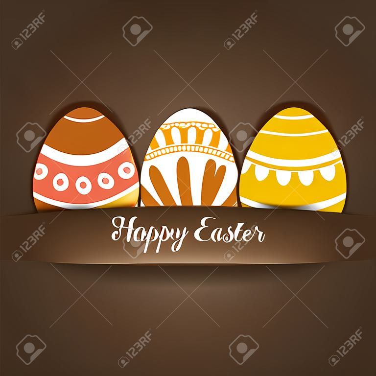 Scheda di pasqua felice. Uova di Pasqua con ornamenti su sfondo cioccolato. illustrazione di vettore