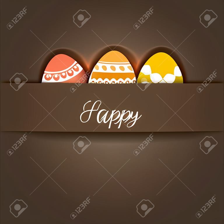 Scheda di pasqua felice. Uova di Pasqua con ornamenti su sfondo cioccolato. illustrazione di vettore