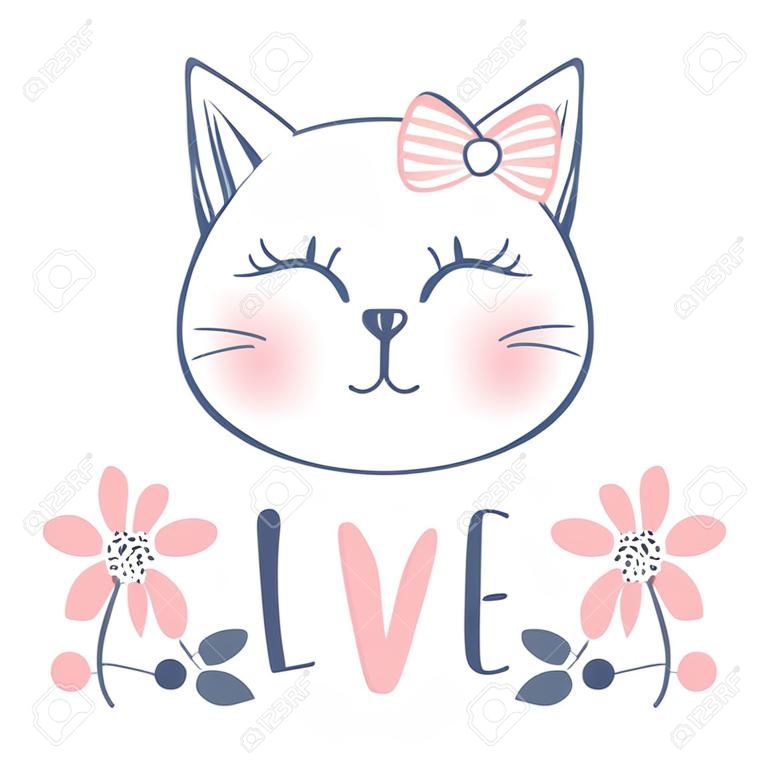 Ładny kot wektor wzór dziewczęce kocięta moda kot twarz zwierzę drukuj ilustracja kreskówka w stylu szkicu doodle kotek do projektowania plakatów koszulki karty