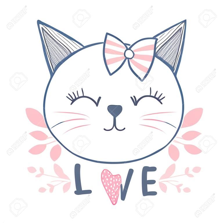 Cute cat vector design. Girly kittens. Fashion Cat's face. Animal print. Cartoon illustration in sketch style. Doodle Kitty. For the design of posters, T-shirts, cards.