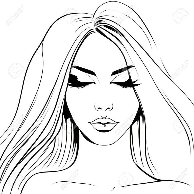 Beautiful girl portrait. Vector woman with closed eyes. Sketch style. Fashion illustration. Outline drawing. Line art.