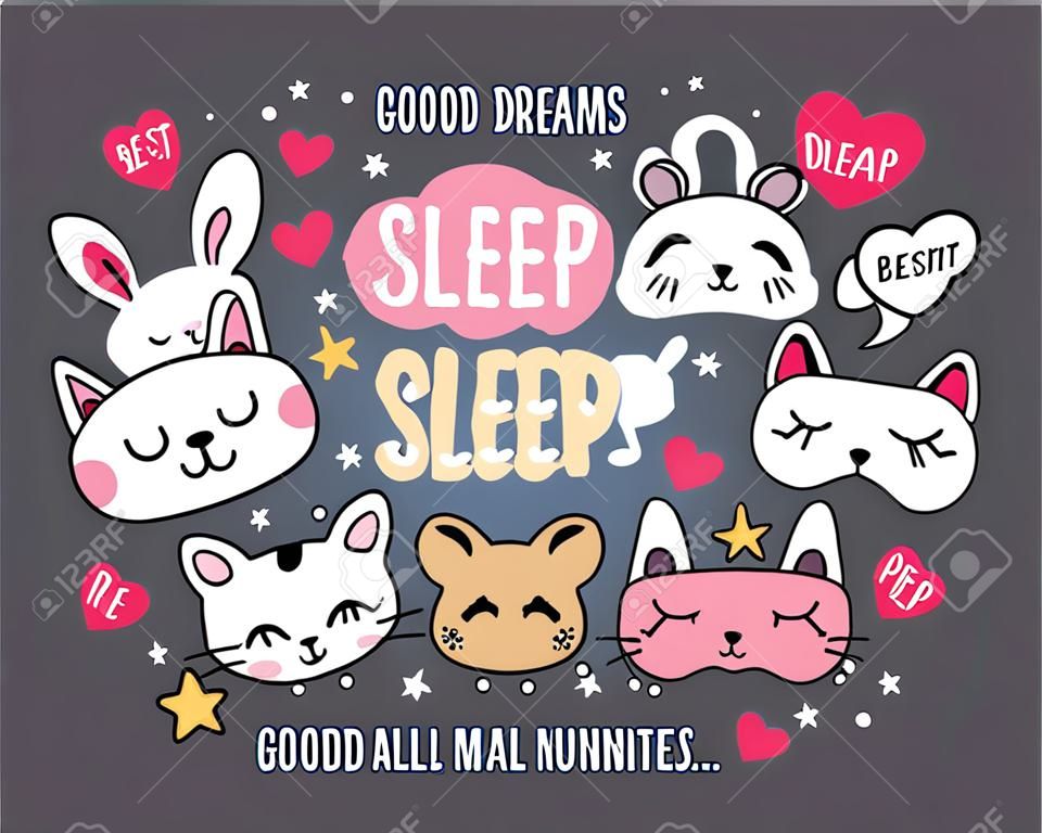 Slaap maskers en citaten vector set. Letterende zinnen goede nacht, zoete dromen, slaap de hele dag. Blindfold klassieke en diervormige - eenhoorn, kat, konijn, panda.