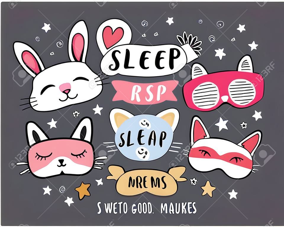 Slaap maskers en citaten vector set. Letterende zinnen goede nacht, zoete dromen, slaap de hele dag. Blindfold klassieke en diervormige - eenhoorn, kat, konijn, panda.