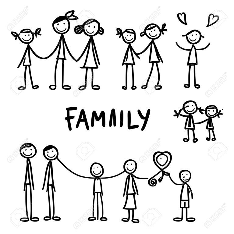 Set of stick figures. Happy family, motherhood and joy with children. Childish hand drawn stick men showing parents with children.