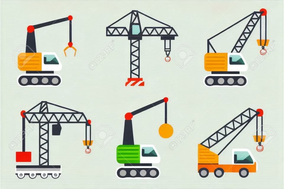 Icone di costruzione, diversi tipi di gru. Piatto illustrazione vettoriale.