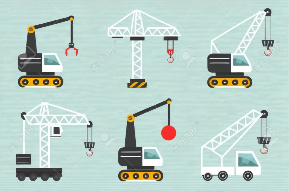 Construction icons, different types of cranes. Flat vector illustration.