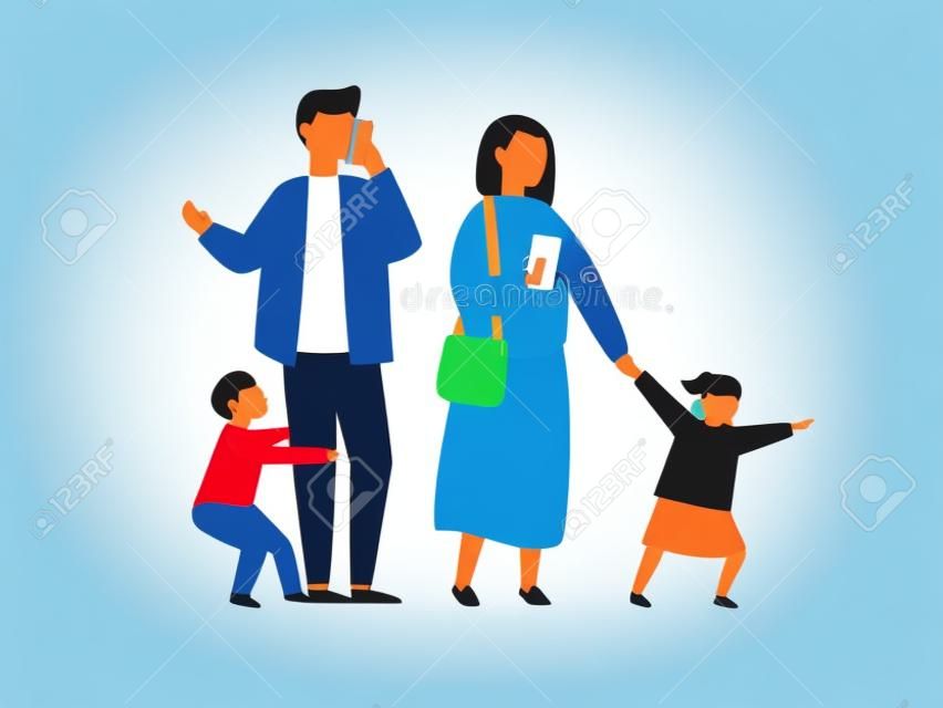 Busy parents with mobile smartphones. Family with kids. Children demanding attention from adults. People vector illustration