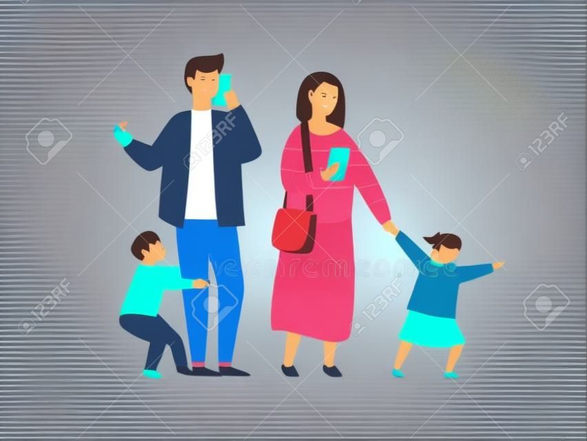 Busy parents with mobile smartphones. Family with kids. Children demanding attention from adults. People vector illustration