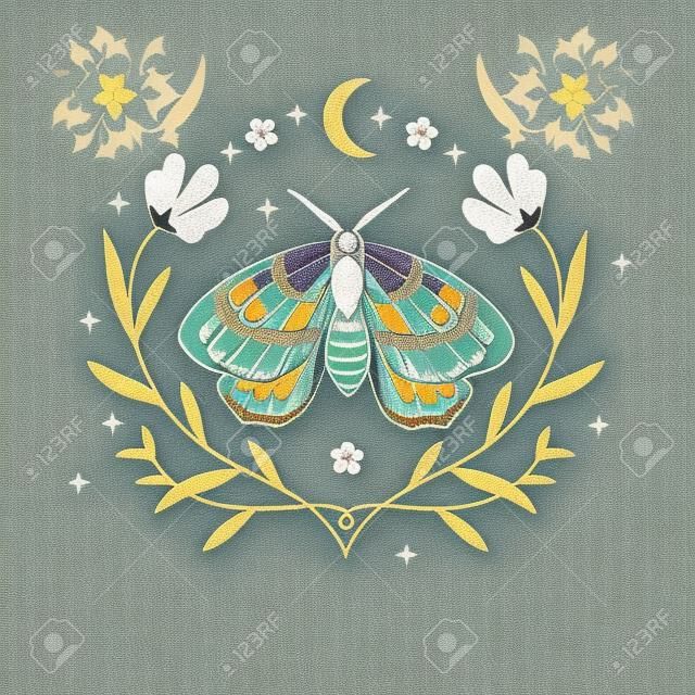 Schmetterling, Blume, Stern. magische Vintage-Illustration für Textilien, Bürokleidungsdesign
