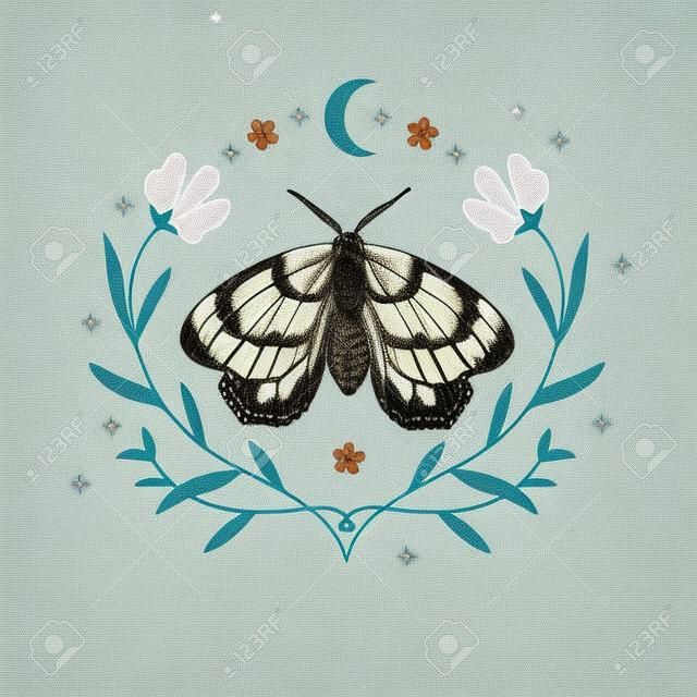 butterfly, flower, star. magic vintage illustration for textiles, office clothing design