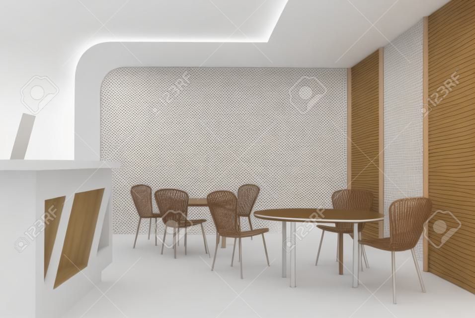 Cafe interior showroom exhibition stand 3d render with table and chairs for clients and visitors. Mock up construction of promotional store retail.