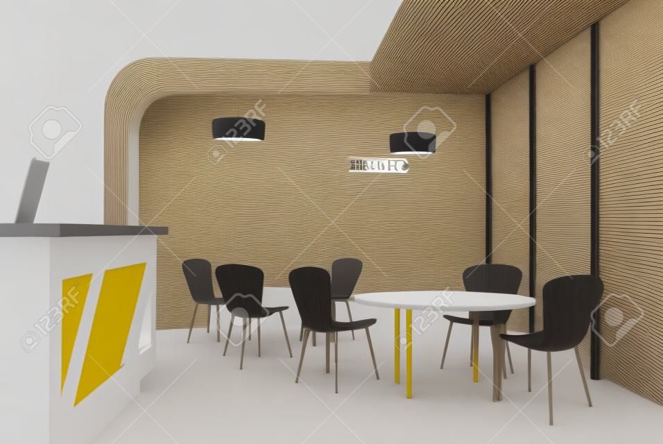 Cafe interior showroom exhibition stand 3d render with table and chairs for clients and visitors. Mock up construction of promotional store retail.