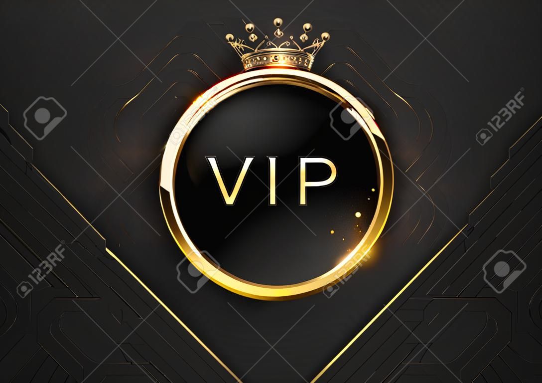 Vip black label with round golden ring frame sparks and crown on black geometric background. Dark glossy premium template. Vector luxury illustration
