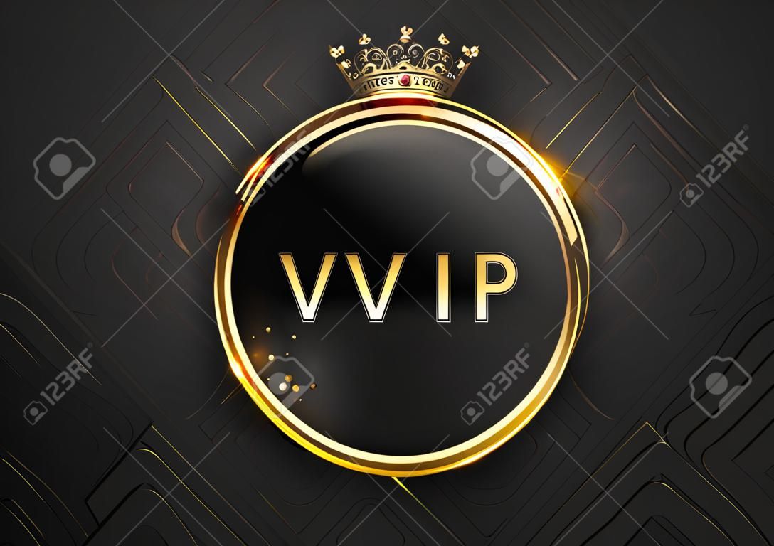 Vip black label with round golden ring frame sparks and crown on black geometric background. Dark glossy premium template. Vector luxury illustration