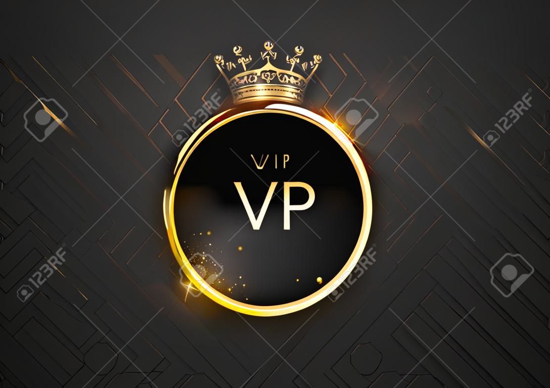 Etiqueta negra vip con marco de anillo dorado redondo chispas y corona sobre fondo geométrico negro. Plantilla premium oscura brillante. Vector ilustración de lujo