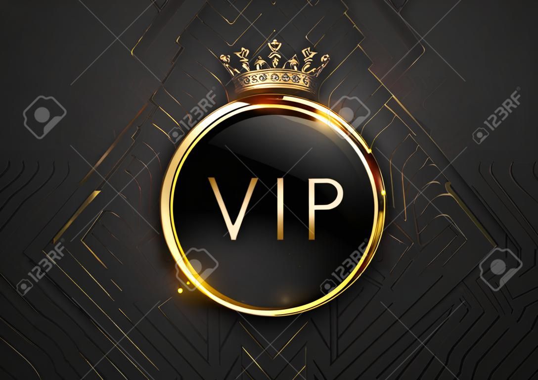 Czarna etykieta VIP z iskrami w okrągłym złotym pierścieniu i koroną na czarnym tle geometrycznym. Ciemny błyszczący szablon premium. Ilustracja wektorowa luksusu