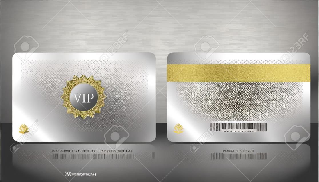 Plantilla de vector de membresía o tarjeta VIP plateada metálica de lealtad con patrón geométrico de lujo. Presentación de diseño frontal y posterior. Miembro Premium, tarjeta plástica de regalo con corona dorada, gema, código de barras