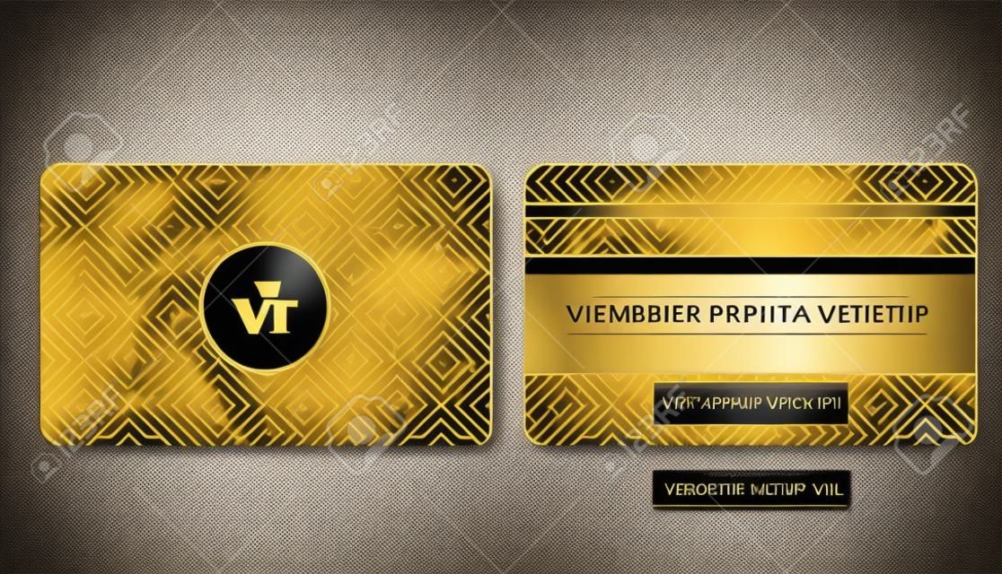 Wektor szablon członkostwa lub lojalności czarnej karty VIP z luksusowym złotym wzorem geometrycznym. Prezentacja projektu z przodu iz tyłu. Członek premium, plastikowa karta podarunkowa