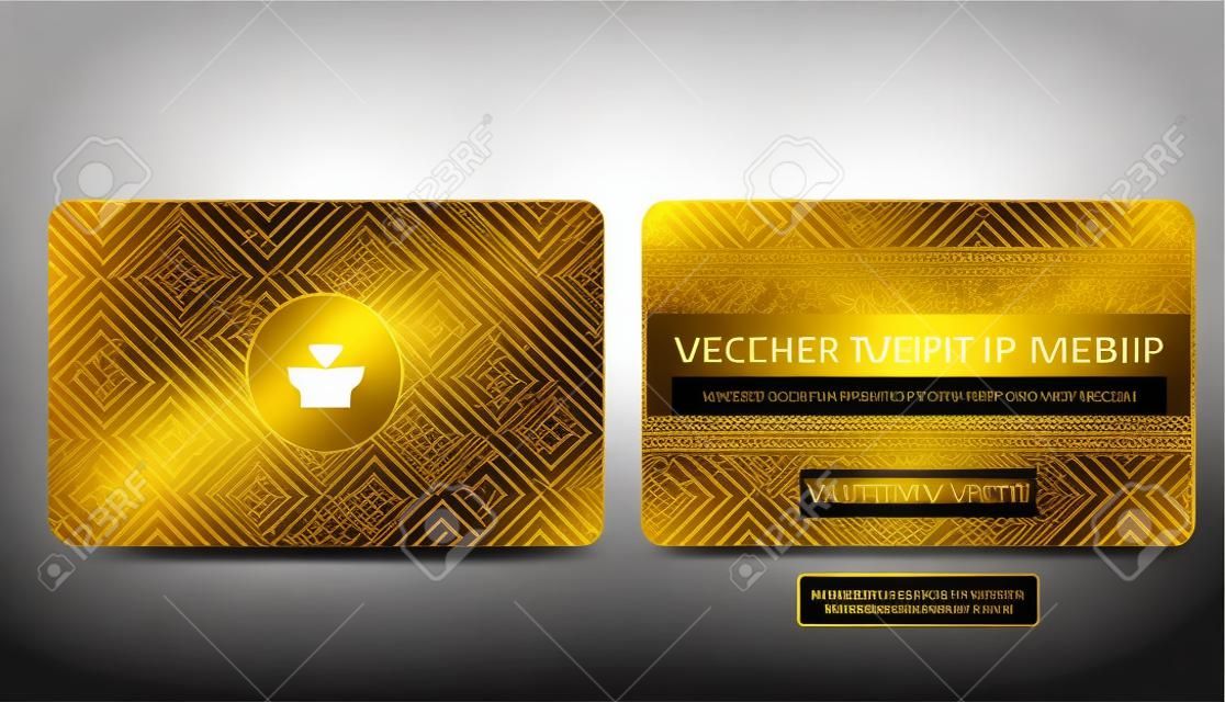 Vector sjabloon van lidmaatschap of loyaliteit zwarte VIP kaart met luxe gouden geometrische patroon. Voor- en achterkant ontwerp presentatie. Premium lid, cadeau plastic kaart