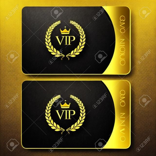 Carte de vecteur VIP or et platine. Fond de motif géométrique noir avec couronne de laurier couronne. Design de luxe pour membre VIP.