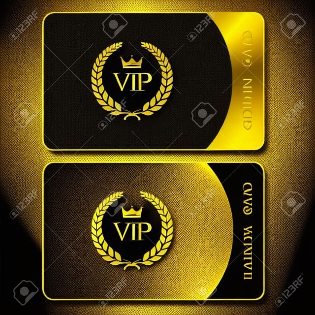 Vektor VIP goldene und Platinkarte. Schwarzer geometrischer Musterhintergrund mit Kronenlorbeerkranz. Luxusdesign für VIP-Mitglieder.