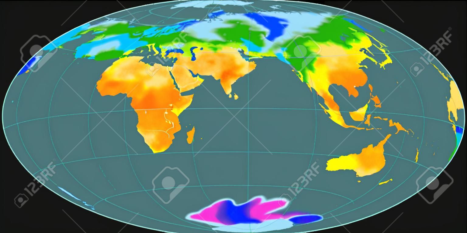 World map in the Gott Equal-Area projection centered on 11 East longitude. Mean annual temperature map - raw composite of raster with graticule. 3D illustration