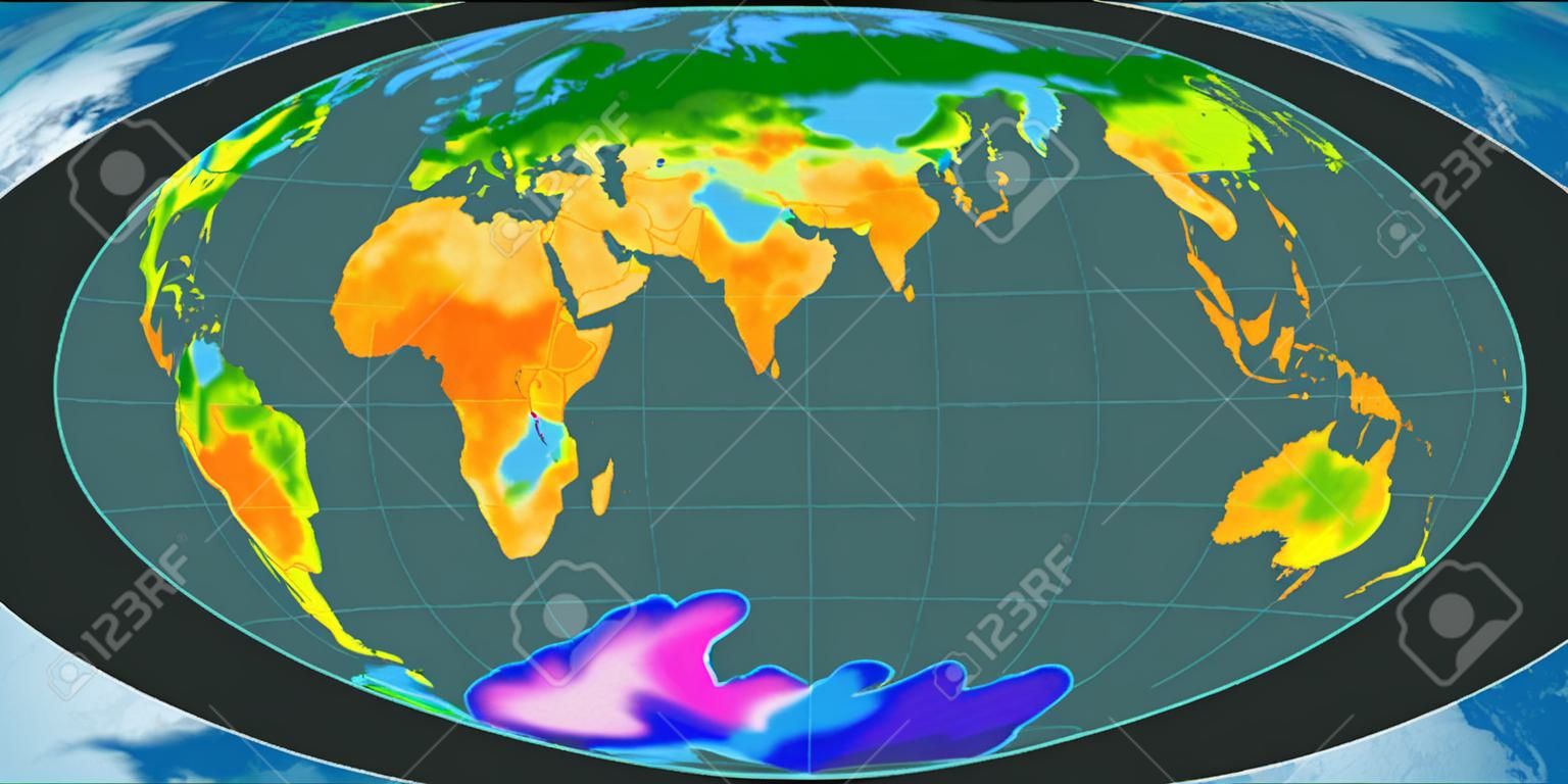 World map in the Gott Equal-Area projection centered on 11 East longitude. Mean annual temperature map - raw composite of raster with graticule. 3D illustration