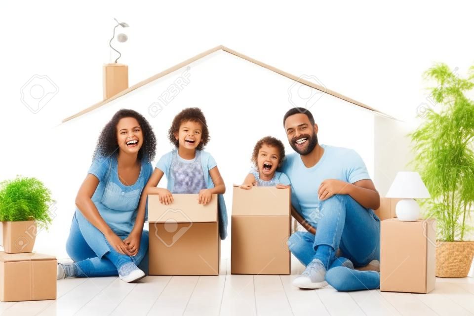Happy family with two kids playing into new home. Father, mother and children having fun together. Moving house day and real estate concept