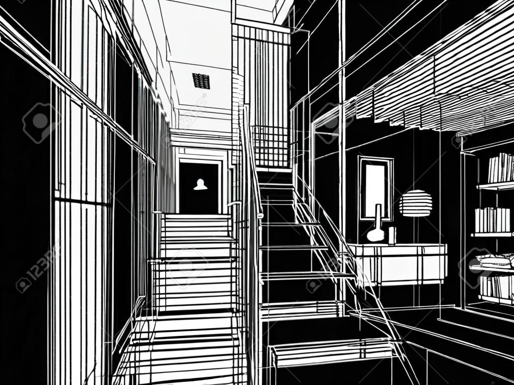 大廳樓梯3dwire框架設計草圖渲染