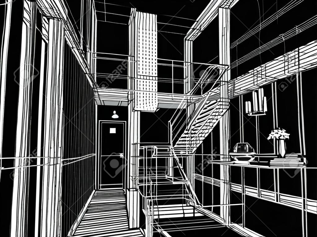 大廳樓梯3dwire框架設計草圖渲染
