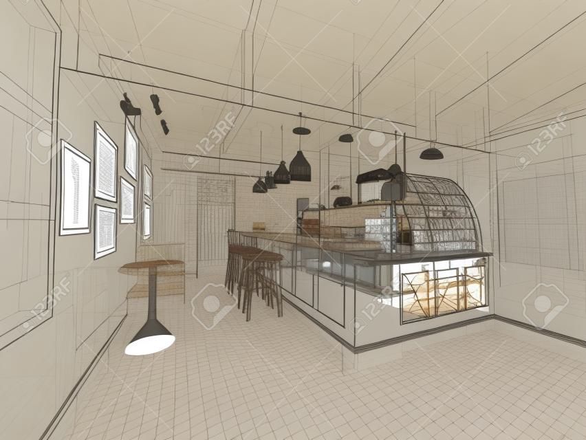 咖啡廳設計草圖，3dwire幀渲染