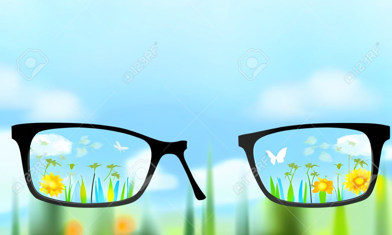 Szemüveg a homályos jellegű háttér a nyári táj a középpontban, illusztráció