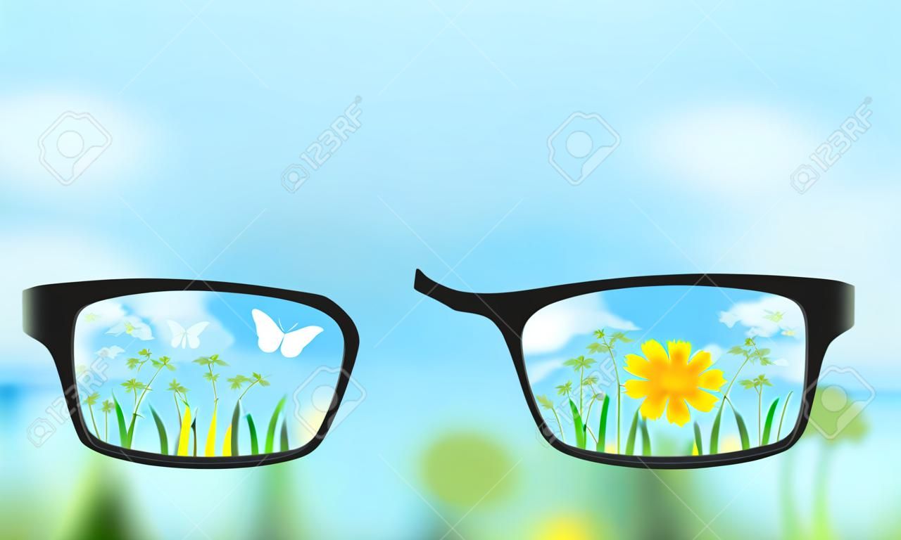 Eyeglasses on the blurred nature background with summer landscape in focus, illustration
