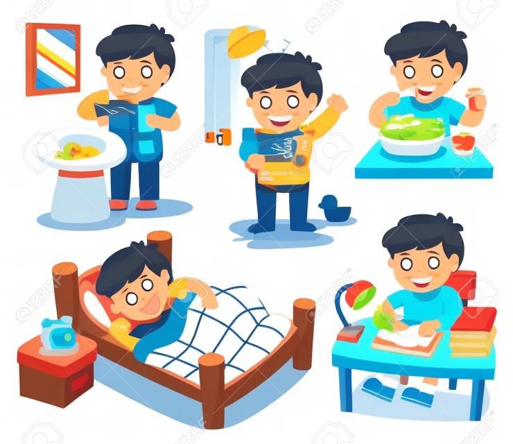 Isolated vector. The daily routine of a cute boy on a white background. [sleep, brush teeth, take a shower, eat salad, read].