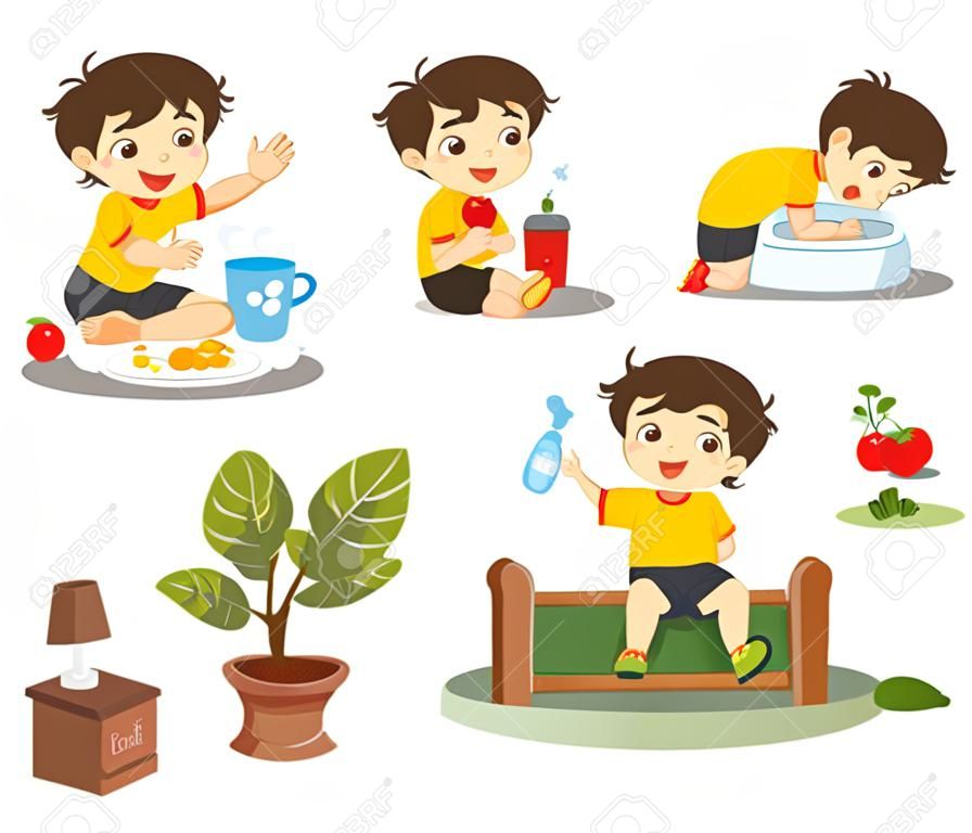 Isolated vector. The daily routine of a cute boy on a white background. [wake up, eat , sitting on the toilet, running, plant a tree]