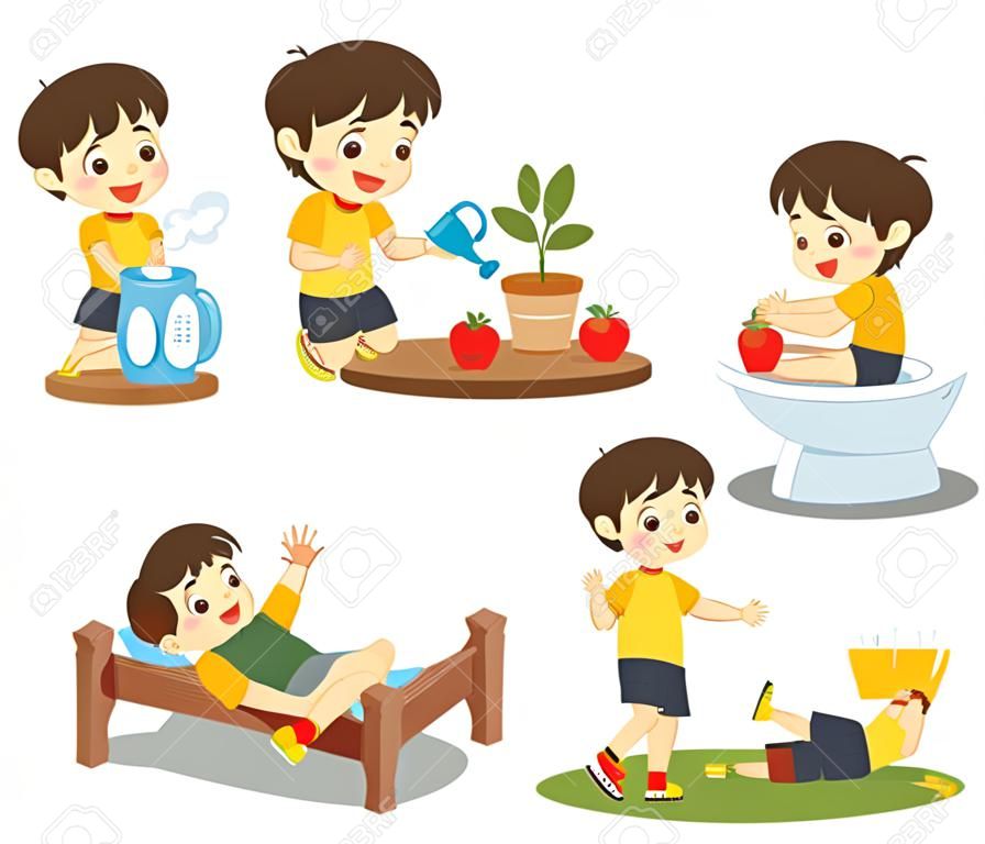 Isolated vector. The daily routine of a cute boy on a white background. [wake up, eat , sitting on the toilet, running, plant a tree]